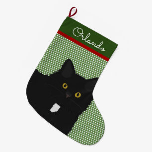 Personalized Long Hair Yellow Eyes Black Cat Large Christmas Stocking