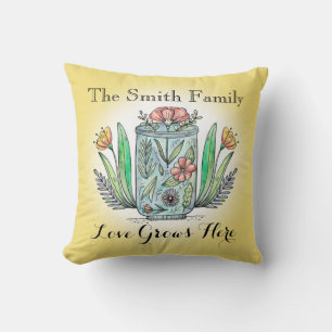 Personalized Love Grows Here Yellow Flower Throw Pillow