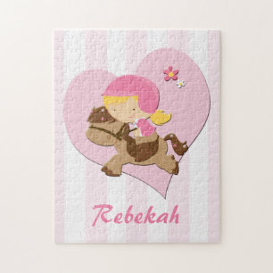 Personalized Love Horseriding Pink Stripes Jigsaw Puzzle
