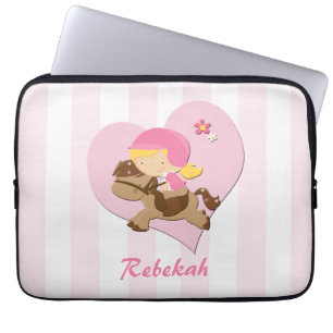 Personalized Love Horseriding Pink Stripes Laptop Sleeve