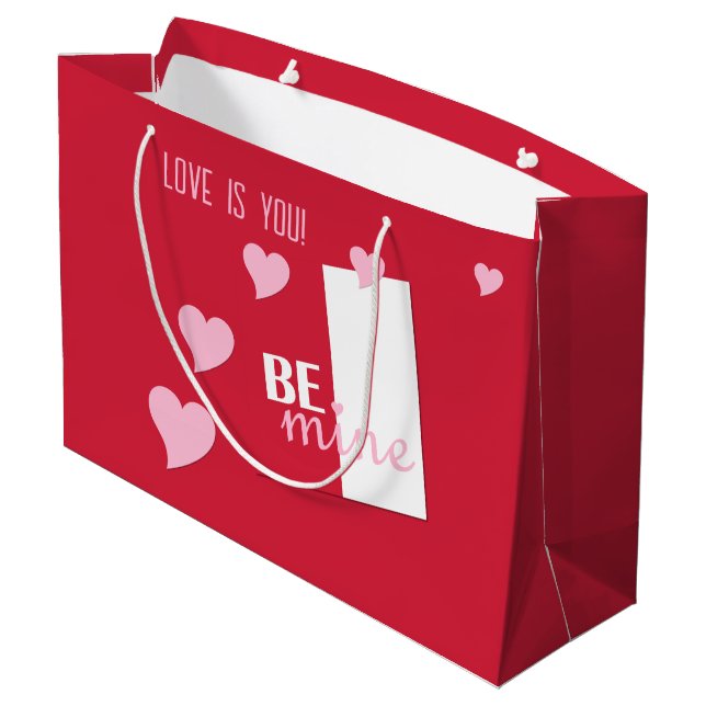 Personalized Love is You Be Mine, Pink Hearts, Red Large Gift Bag (Back Angled)