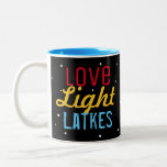 Personalized Love Light Latkes Hanukkah Funny Two-Tone Coffee Mug<br><div class="desc">Love Light Latkes Black Hanukkah Funny Quote Two-tone mug will brighten up your family Hanukkah Party! Why not make one for each guest- and use them as place cards? This colourful, humourous saying really stands out on the black starry night background. Sure to make friends & Family smile. Includes space...</div>