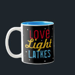 Personalized Love Light Latkes Hanukkah Funny Two-Tone Coffee Mug<br><div class="desc">Love Light Latkes Black Hanukkah Funny Quote Two-tone mug will brighten up your family Hanukkah Party! Why not make one for each guest- and use them as place cards? This colourful, humourous saying really stands out on the black starry night background. Sure to make friends & Family smile. Includes space...</div>