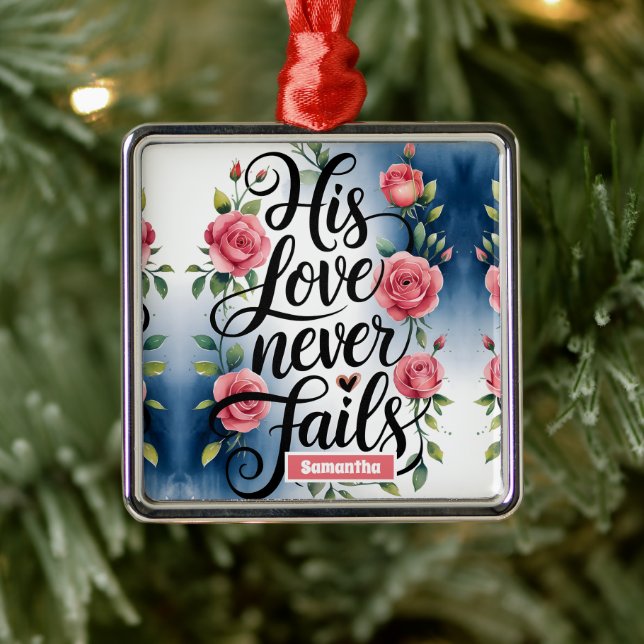 Personalized Love Never Fails Christian  Metal Ornament (Tree)