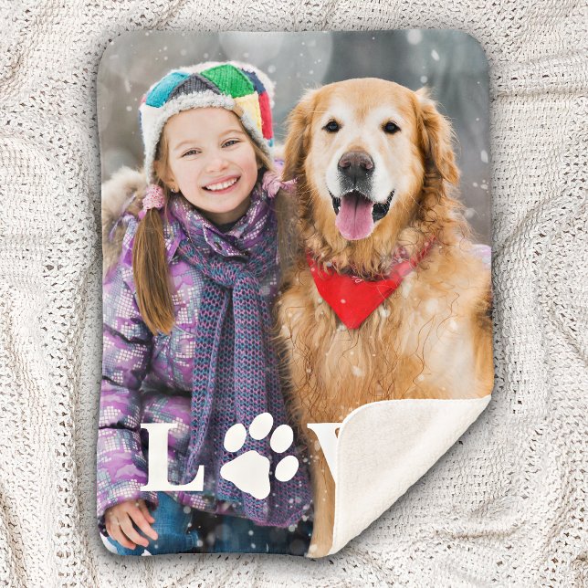 Personalized Love Paw Print Dog Lover Photo Sherpa Blanket (Creator Uploaded)