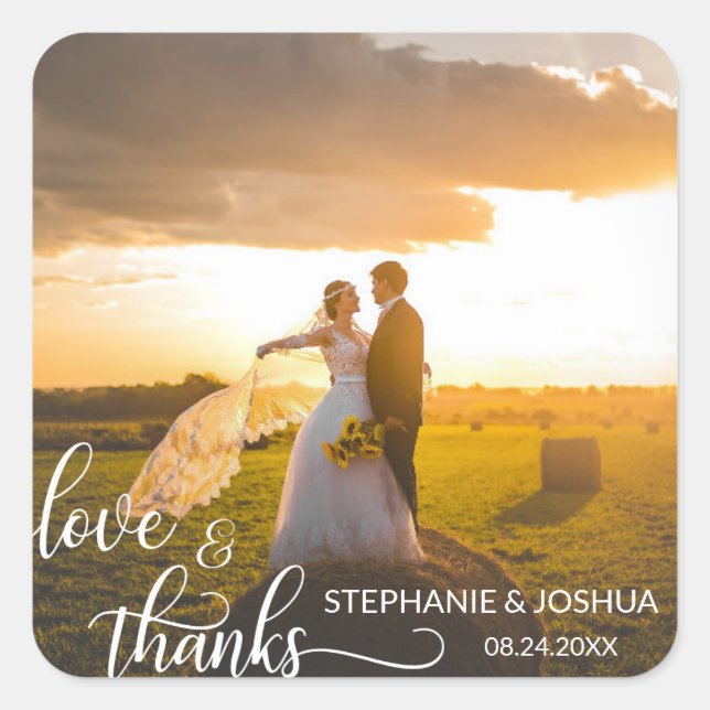 Personalized LOVE & THANKS White Script | PHOTO Square Sticker (Front)