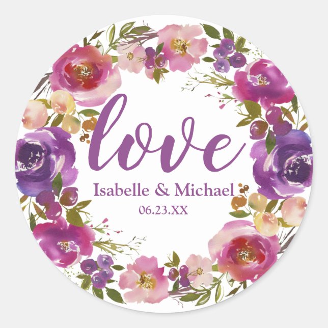Personalized Love Wedding Purple Floral Wreath Classic Round Sticker (Front)