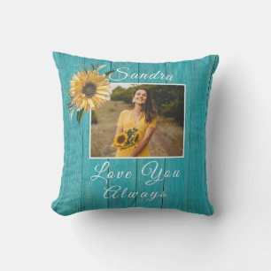 Personalized Love You Always   Sunflower Teal Throw Pillow