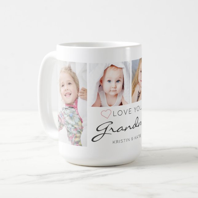 Personalized LOVE YOU GRANDMA 4 Photo Script Coffee Mug (Front Left)