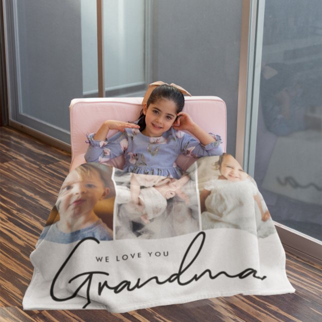 Personalized love you Grandma Grandkids photos Fleece Blanket (We love you grandma 3 photos of grandkids personalized fleece blanket.)