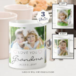 Personalized LOVE YOU GRANDMA Handwritten 3 Photo Coffee Mug<br><div class="desc">Create a keepsake photo mug for a grandmother featuring 3 pictures and titled LOVE YOU GRANDMA in modern handwritten script accented with hearts with her grandchildren's names or your custom message in your choice of colours (shown with grey text and pink hearts on a white background). All text and colours...</div>