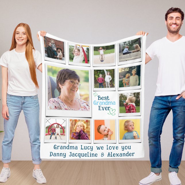Personalized Love You Grandma Photo Fleece Blanket (Grandma photo collage blanket held up by two people)