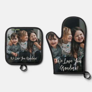 Personalized Love You Grandma Photo Handwritten  Oven Mitt & Pot Holder Set