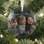 Personalized Love You Mimi Photo Handwritten  Glass Ornament<br><div class="desc">Celebrate Mimi with this personalized "We Love You Mimi" photo glass ornament, featuring beautiful handwritten typography and a cherished family photo. Whether she's called Mimi, Nana, or another special name, all text can be fully customized to create a one-of-a-kind keepsake. Perfect for the holidays, this ornament is a thoughtful way...</div>