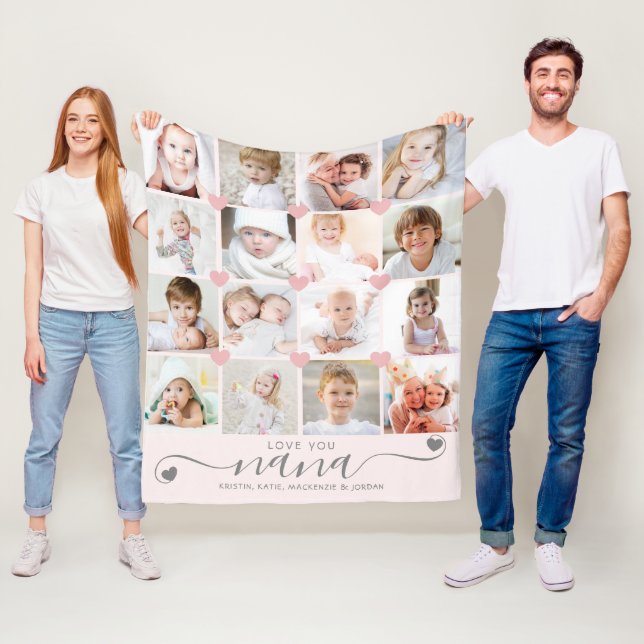 Personalized Love You Nana Pink Hearts 16 Photos Fleece Blanket (In Situ)