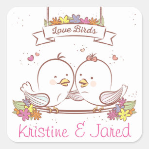 Personalized Lovebirds Pink And Brown Wedding Love Square Sticker