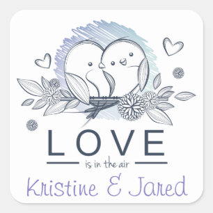 Personalized Lovebirds Purple Love Wedding Square Sticker