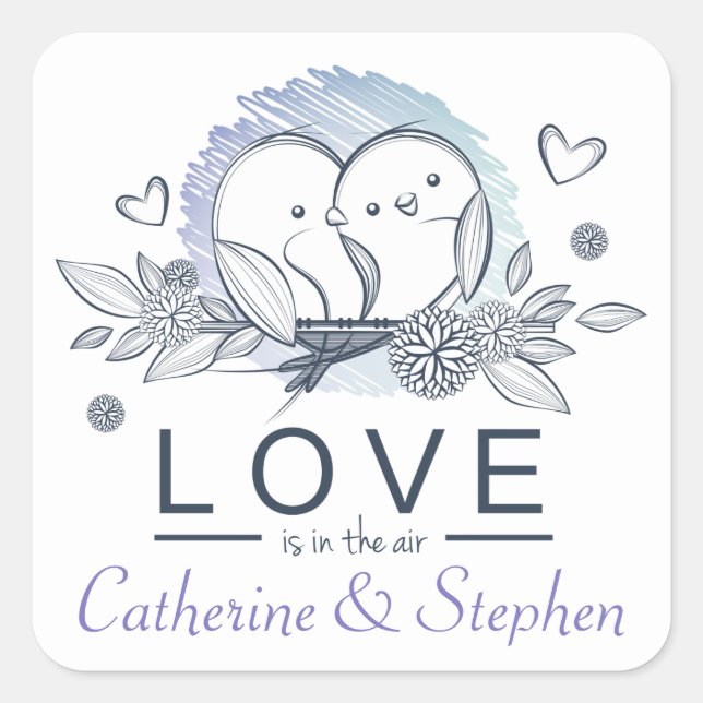 Personalized Lovebirds Purple Love Wedding Square Sticker (Front)