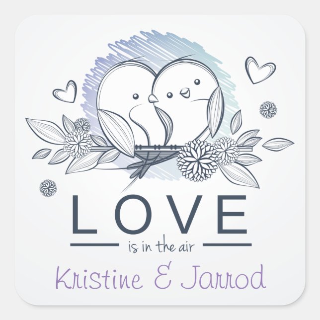 Personalized Lovebirds Purple Love Wedding Square Sticker (Front)