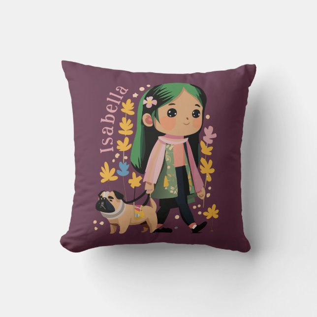 Personalized Lovely Girl Walking With Pug Throw Pillow (Front)