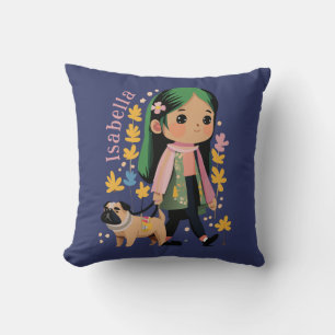 Personalized Lovely Girl Walking With Pug Throw Pillow