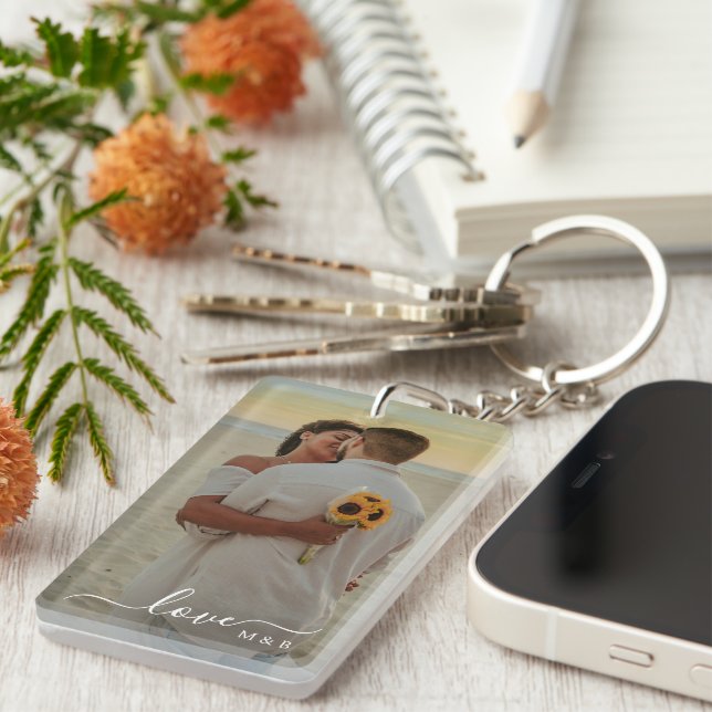 Personalized Lovers Couple Picture Love Text Keychain (Front Right)