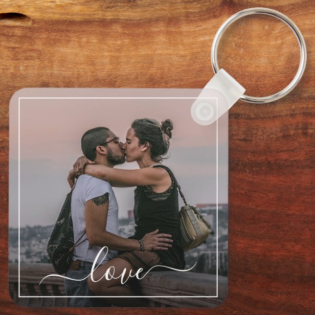 Personalized Lovers Couple Picture Love Text Keychain (Back)