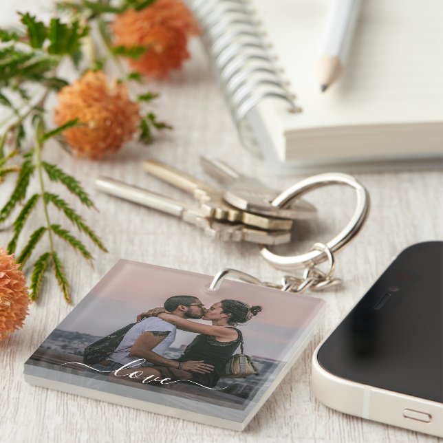 Personalized Lovers Couple Picture Love Text Keychain (Front Right)