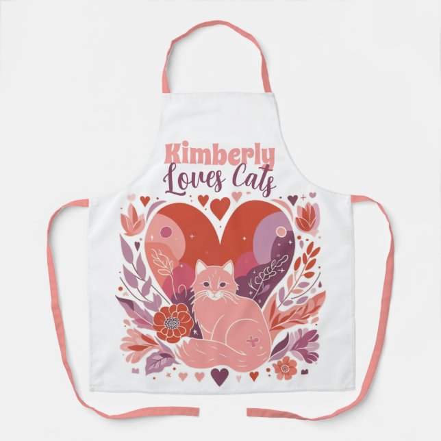 Personalized Loves Cats Cute Pink Purple Apron (Front)
