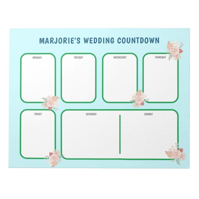 Personalized Lt. Blue/Green Floral Wedding Notepad (Front)