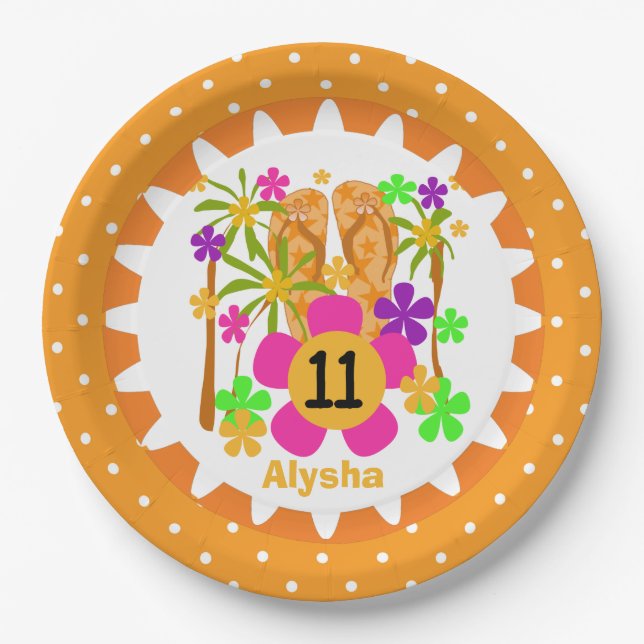 Personalized Luau 11th Birthday Paper Plates (Front)