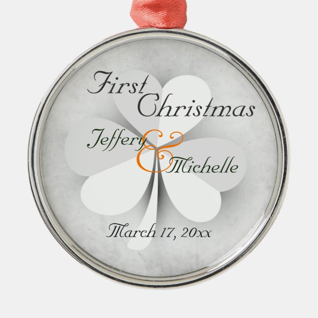 Personalized Lucky Clover Irish First Christmas Metal Ornament (Front)