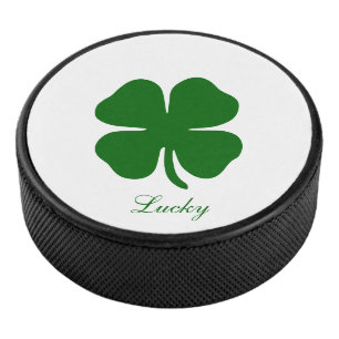 Personalized Lucky Green Clover Hockey Puck