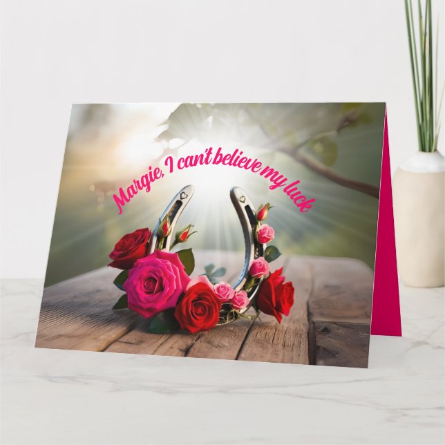 Personalized Lucky Horseshoe and Roses Love Card (Front)
