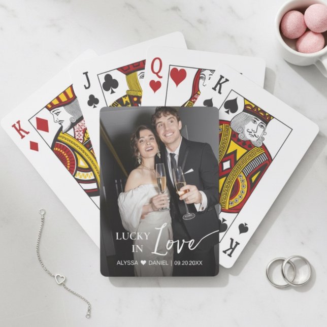Personalized Lucky in Love wedding favour playing Cards (Custom photo lucky in love engagement party, giveaway playing cards.)