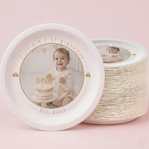 Personalized Lucky One First Birthday Girl Photo Paper Plate