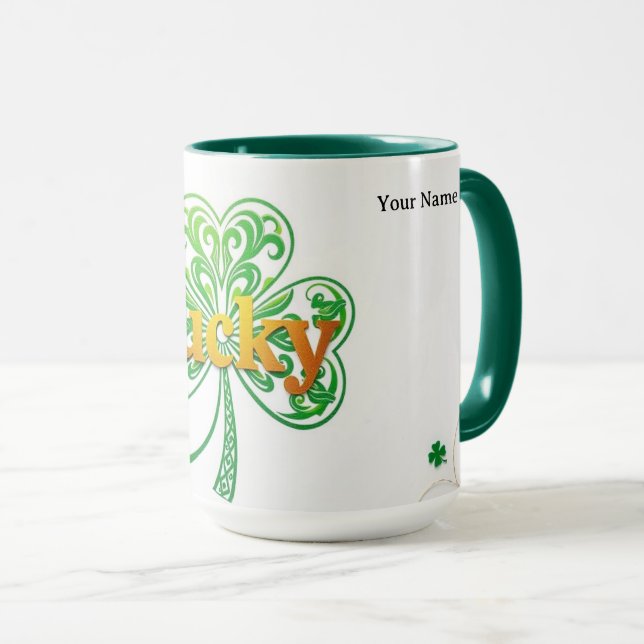 Personalized Lucky Shamrock Green Pattern  Mug (Front Right)