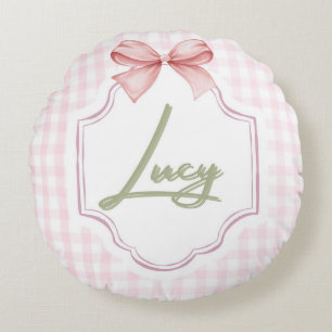Personalized Lucy Baby Girl Nursery Bow&Gingham Round Pillow