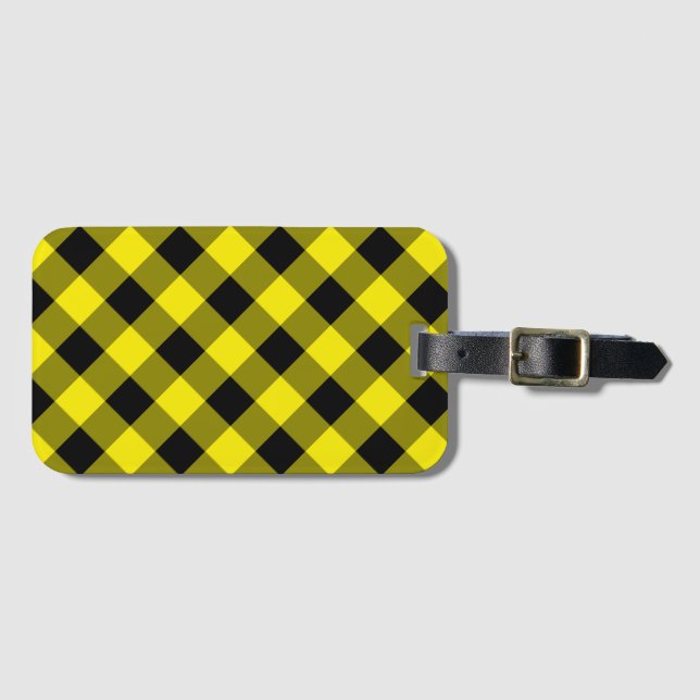 Personalized Luggage Tag Black and Yellow Checked (Front Horizontal)