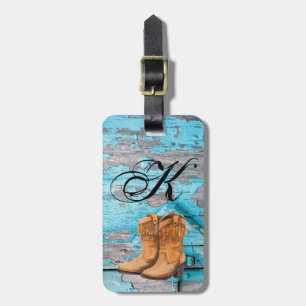 Personalized Luggage Tag Blue Wood Barn Door Boots