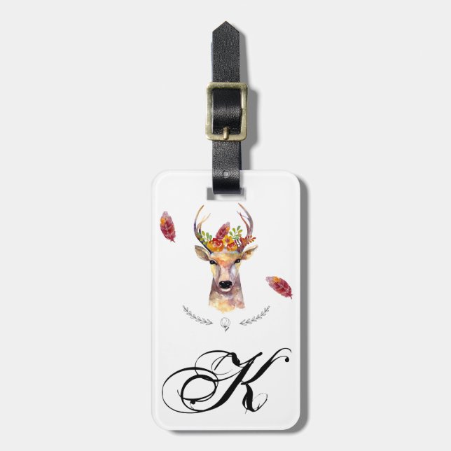 Personalized Luggage Tag boho deer Buck head Brown (Front Vertical)