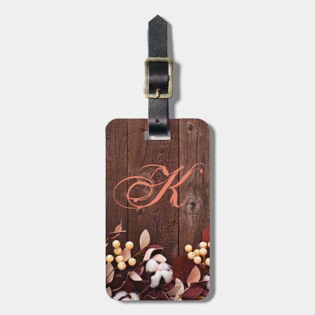 Personalized Luggage Tag Cotton Branch on Dark Woo (Front Vertical)