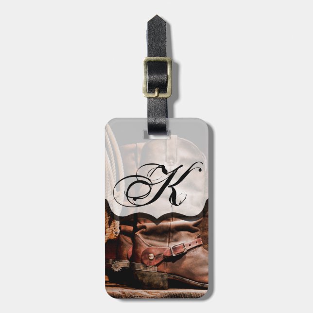 Personalized Luggage Tag Cowboy Boots Barn Wood Ru (Front Vertical)
