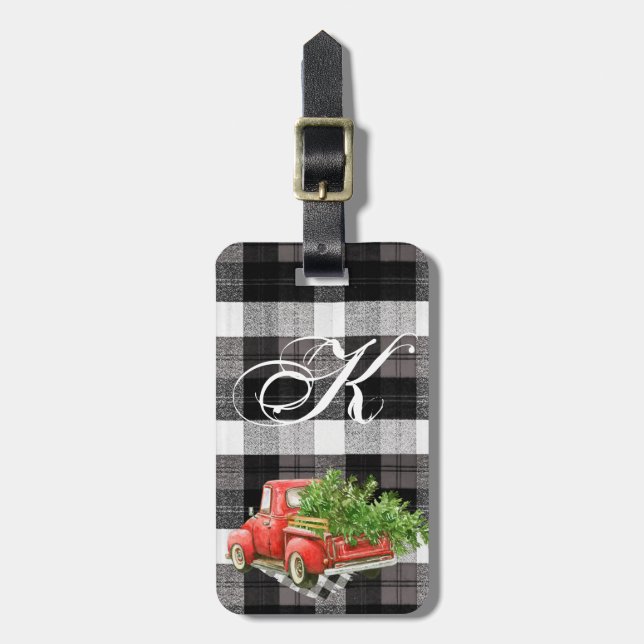 Personalized Luggage Tag XMAS Truck Buffalo Plaid (Front Vertical)