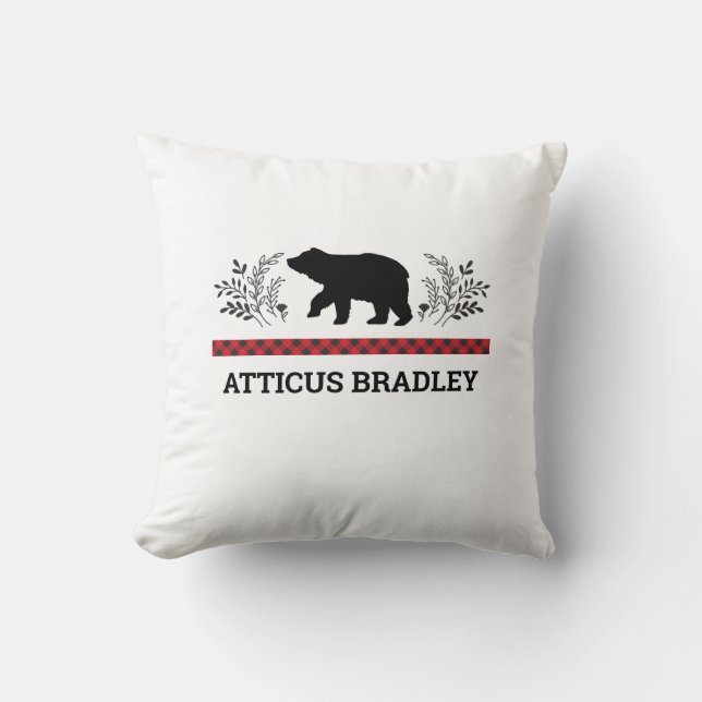 Personalized Lumberjack Buffalo Plaid Bear Throw Pillow (Front)