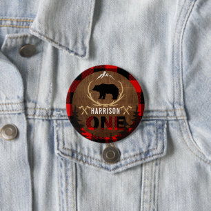 Personalized Lumberjack First Birthday Wood Plaid 3 Inch Round Button