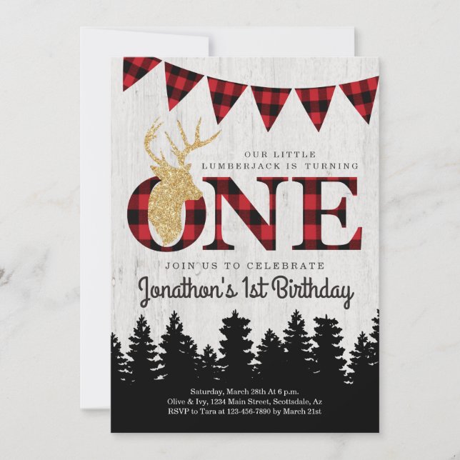 Personalized Lumberjack Theme Boys First Birthday Invitation (Front)