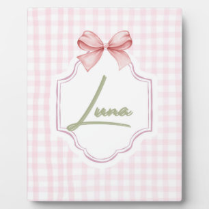 Personalized Luna Baby Girl Nursery Bow & Gingham Plaque