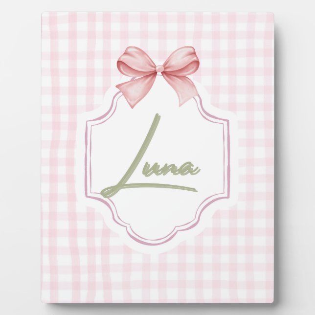 Personalized Luna Baby Girl Nursery Bow & Gingham  Plaque (Front)