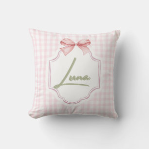 Personalized Luna Baby Girl Nursery Bow & Gingham  Throw Pillow